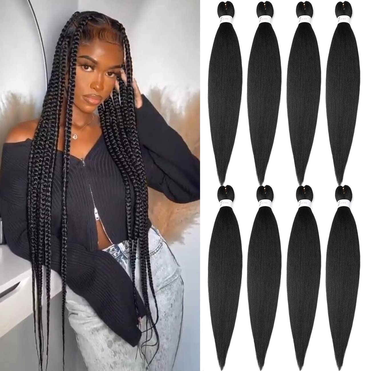 image:imageBraiding Hair Pre Stretched 24 inch 3 Packs Professional Yaki Synthetic Hot Water Easy To Install Hair for Braiding 1B271B