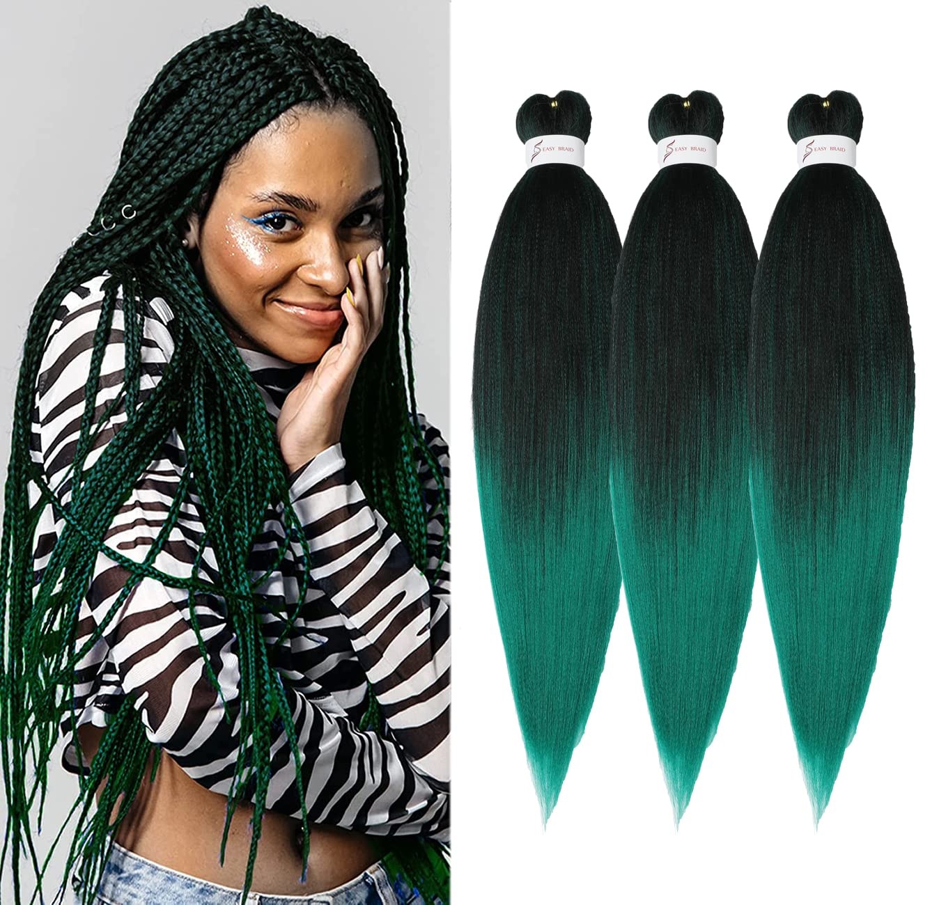 image:imageBraiding Hair Pre Stretched 24 inch 3 Packs Professional Yaki Synthetic Hot Water Easy To Install Hair for Braiding 1B271BGreen