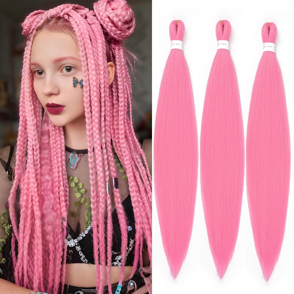 image:imageBraiding Hair Pre Stretched 24 inch 3 Packs Professional Yaki Synthetic Hot Water Easy To Install Hair for Braiding 1B27Pink