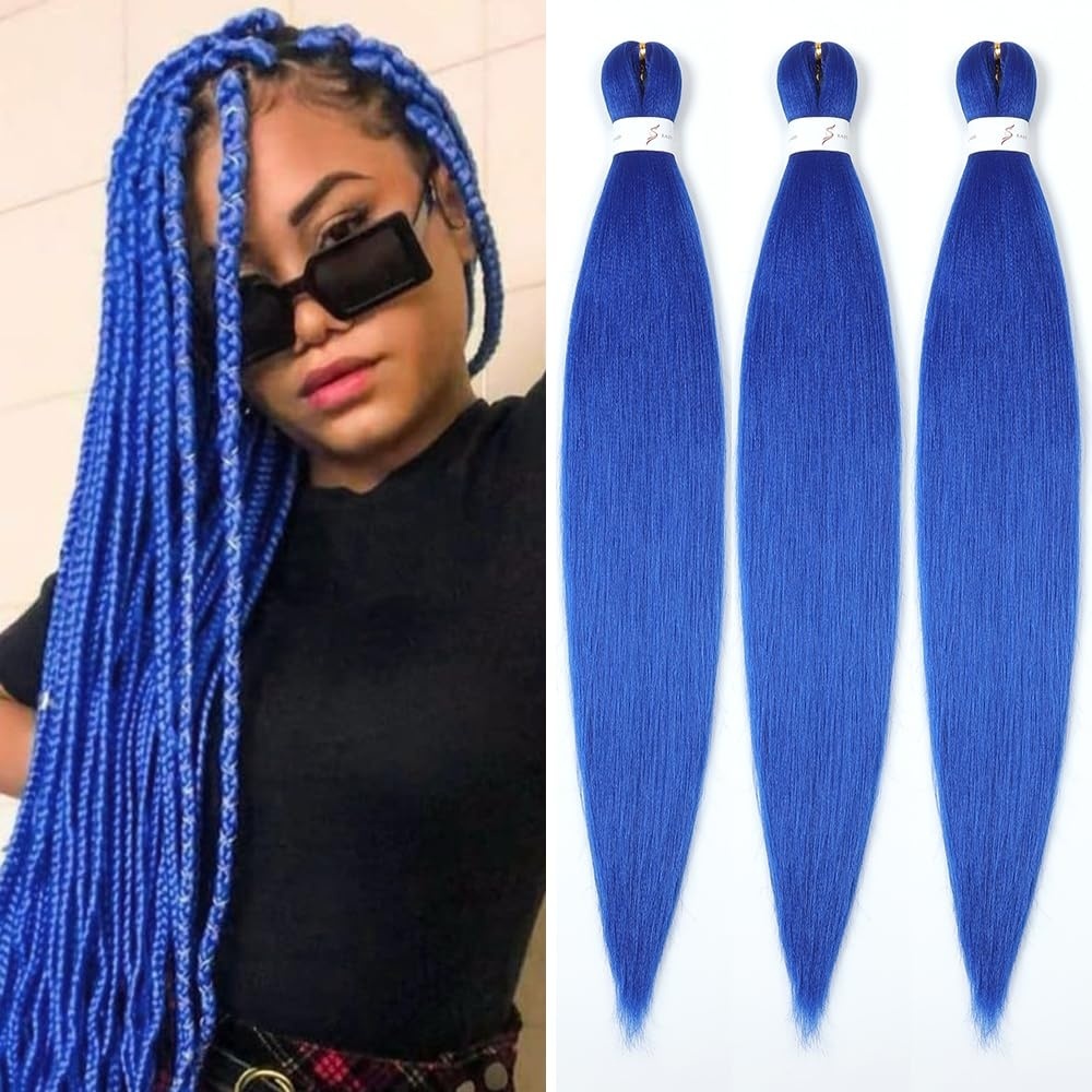 image:imageBraiding Hair Pre Stretched 24 inch 3 Packs Professional Yaki Synthetic Hot Water Easy To Install Hair for Braiding 1B27Blue
