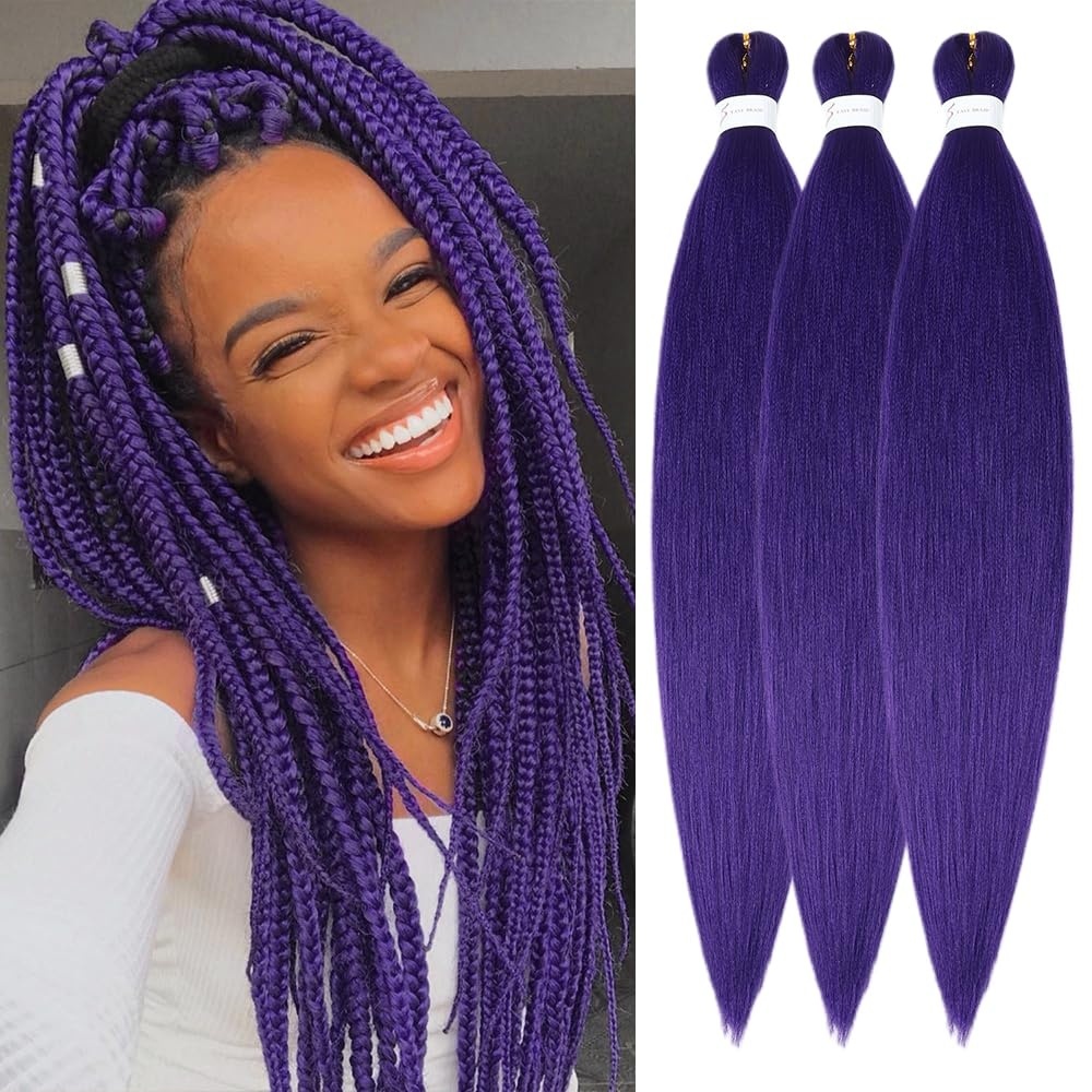 image:imageBraiding Hair Pre Stretched 24 inch 3 Packs Professional Yaki Synthetic Hot Water Easy To Install Hair for Braiding 1B27Purple