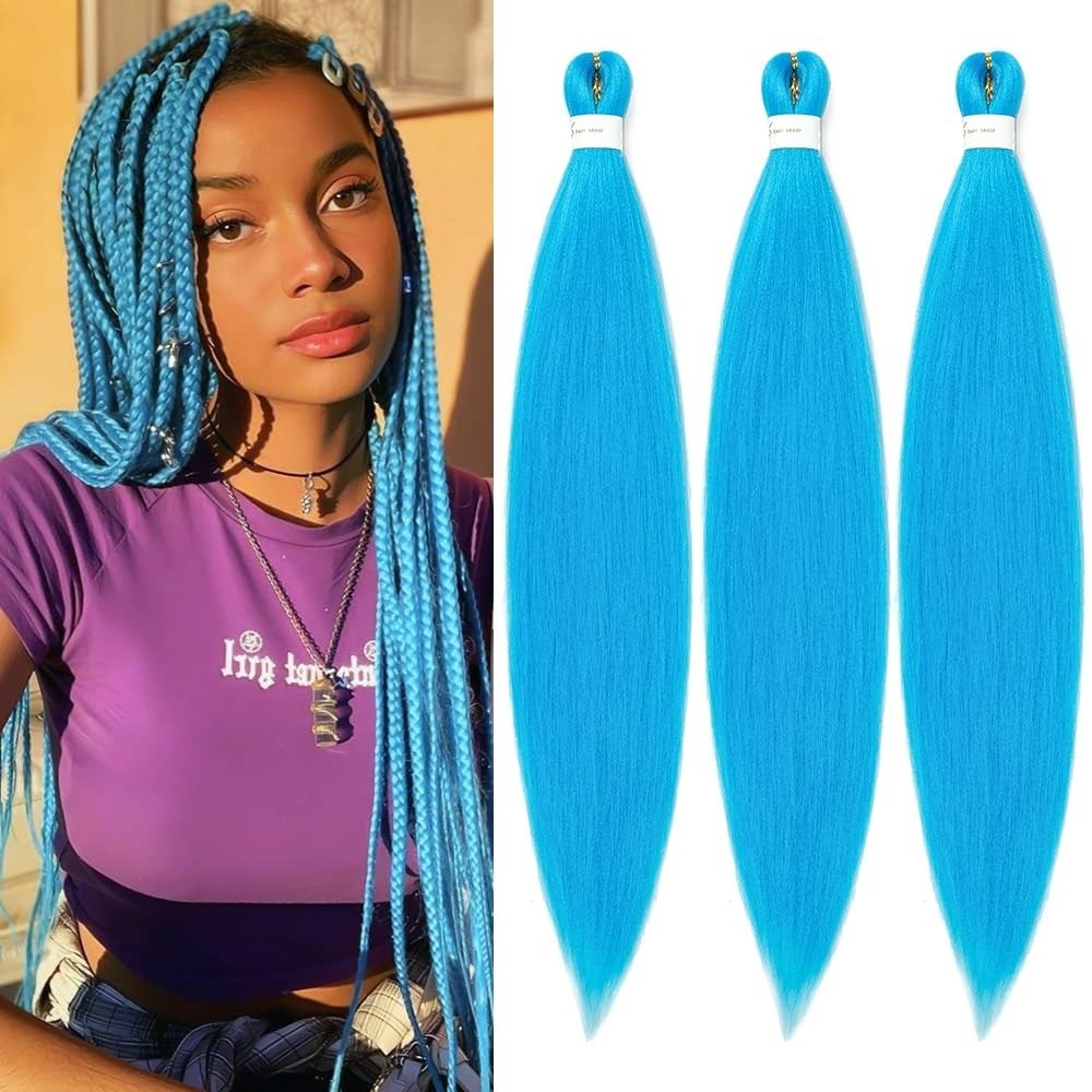 image:imageBraiding Hair Pre Stretched 24 inch 3 Packs Professional Yaki Synthetic Hot Water Easy To Install Hair for Braiding 1B27SkyBlue